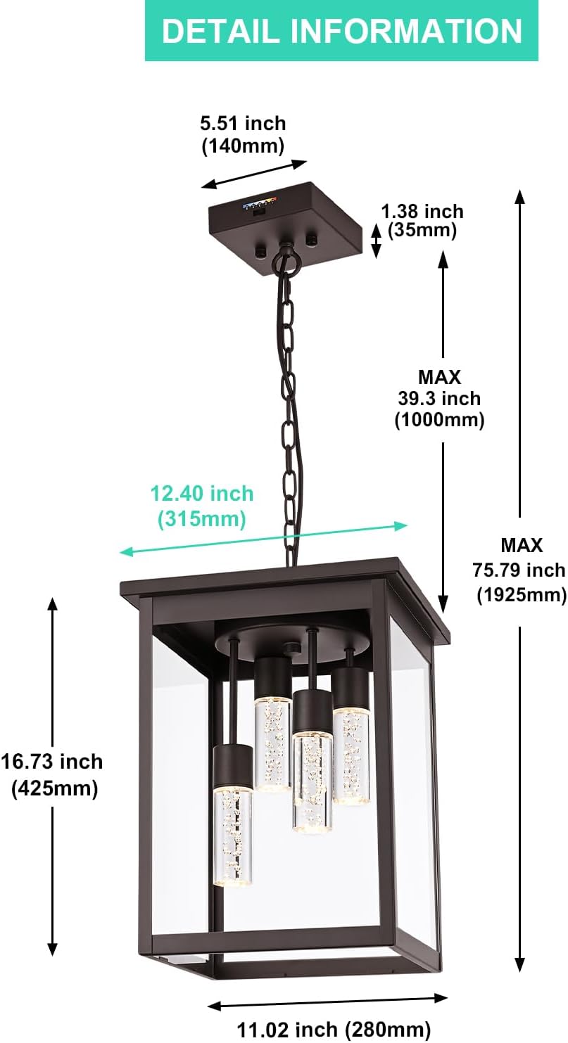 Yaohong 16.7' Large 5CCT LED Outdoor Pendant Light, 4-Lights Modern Oil Rubbed Bronze Hanging Ceiling Fixture with Acrylic Column & Clear Glass, Weatherproof Chandelier for Porch Gazebo Patio Entryway