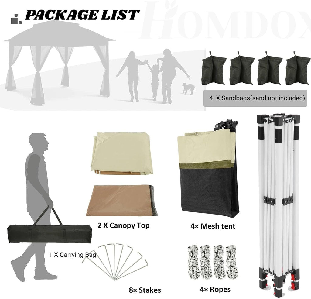 HOTEEL 13x13 Pop Up Gazebo Canopy Tent - Easy Up Outdoor Waterproof Portable Gazebo With Mosquito Nettings, Double Vented Roof and Carry Bag for Patio Garden Lawn (Khaki)