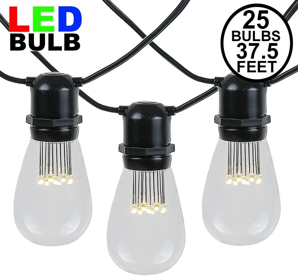 37.5 Foot S14 LED Edison Outdoor String Lights - Commercial Grade String Lights - Backyard Garden Gazebo – Cafe Market Light Set – Vintage Patio String Lights - Black Wire - 25 S14 LED Bulbs
