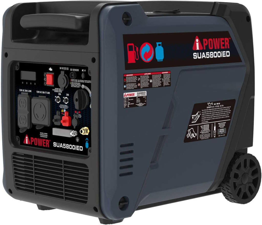 A-iPower 5800-Watt Dual Fuel Quiet Portable Inverter Generator, Electric Start RV Ready, EPA & CARB Compliant CO Sensor, With Telescopic Handle For Backup Home Use, Tailgating & Camping (SUA5800iED)