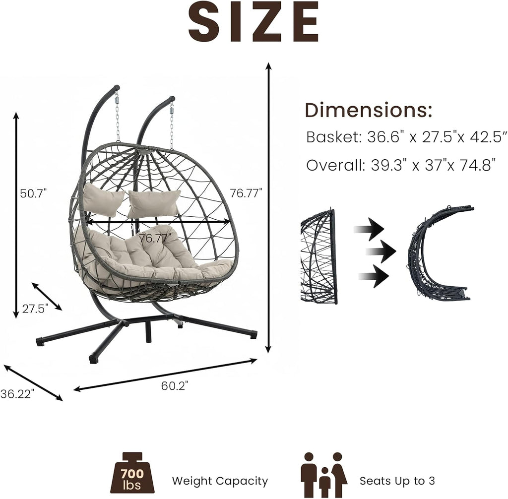 Egg Chair Indoor Outdoor, Foldable Hanging Egg Chair with Stand, Patio Swing Egg Chairs, UV Resistant Removable &Washable Thicken Padded Cushions, 700LBS Capacity for Bedroom