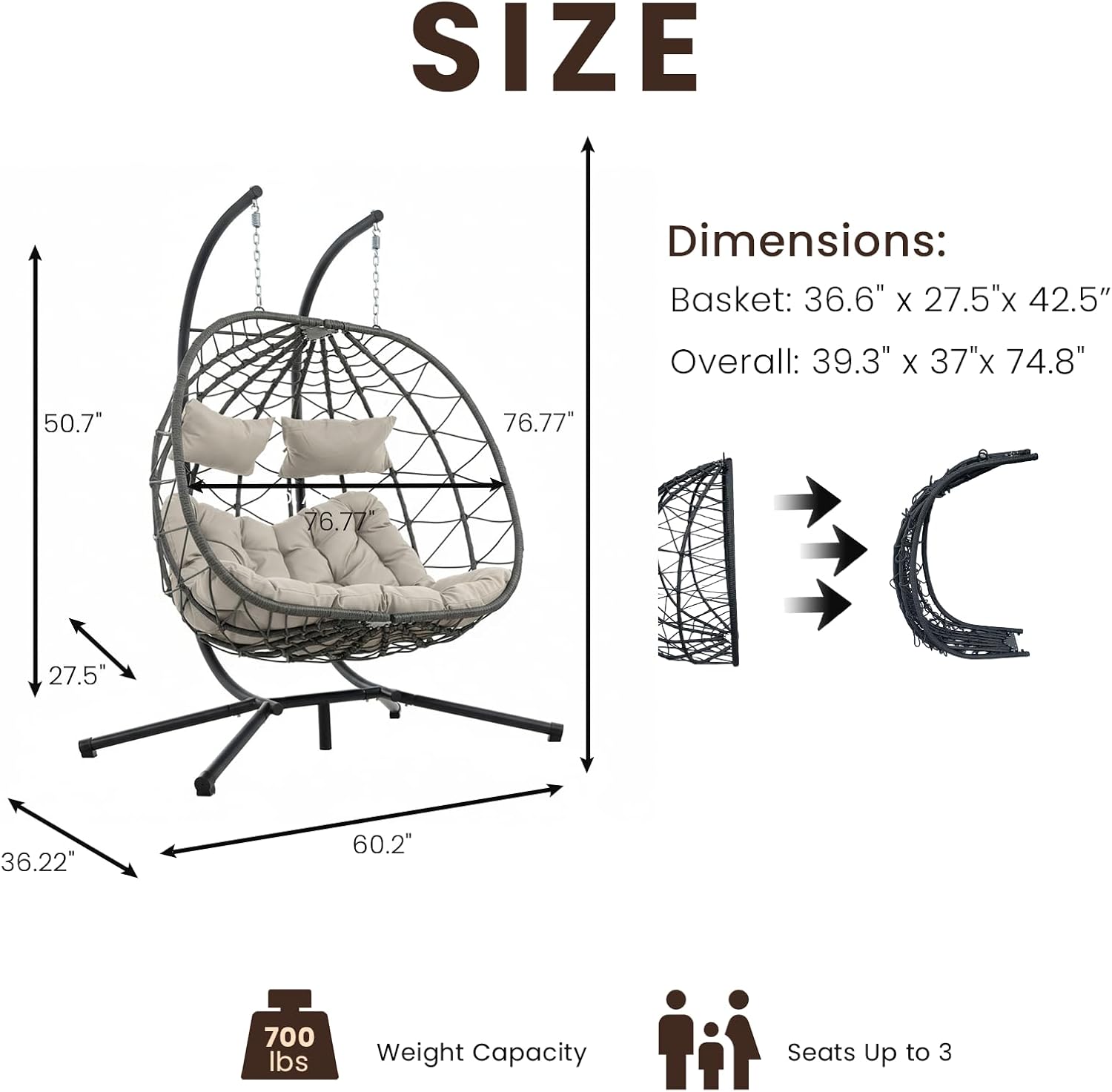 Egg Chair Indoor Outdoor, Foldable Hanging Egg Chair with Stand, Patio Swing Egg Chairs, UV Resistant Removable &Washable Thicken Padded Cushions, 700LBS Capacity for Bedroom