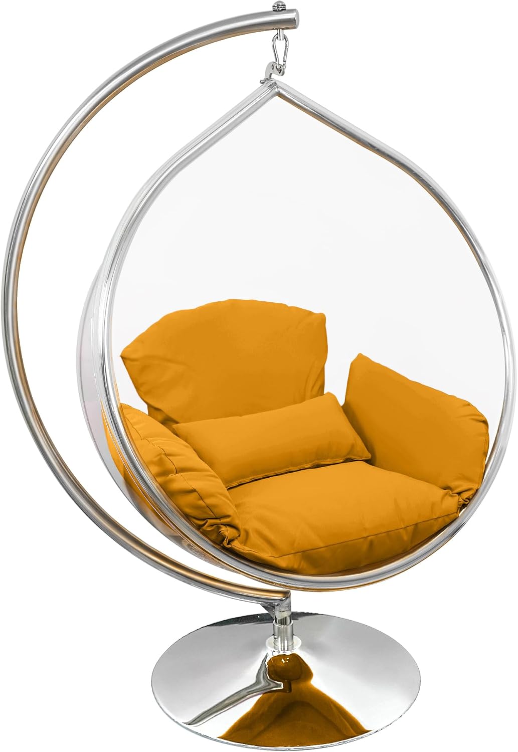 Hanging Chair - Transparent Acrylic Bubble, Waterdrop Shape, Indoor Swing Chair with Gold/Chrome Stand, Durable Fabric Cushion - Luxury Accent for Living Room, Bedroom (Chrome/Yellow)