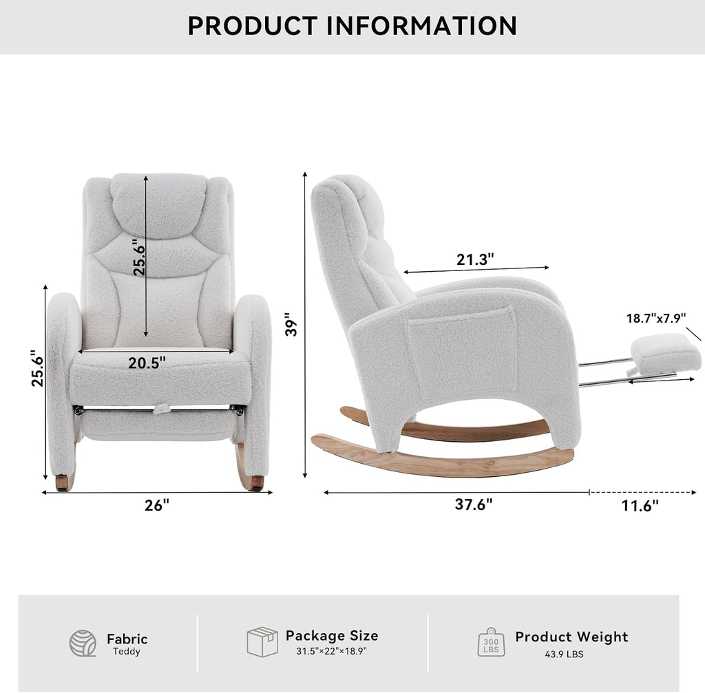 FOXHUNTER Rocking Chair Nursery, Modern Glider Chair with Adjustable Footrest and Solid Wood Legs, High Backrest Nursery Chair with Side Pocket, Rocker Armchair for Living Room Bedroom, Teddy Ivory