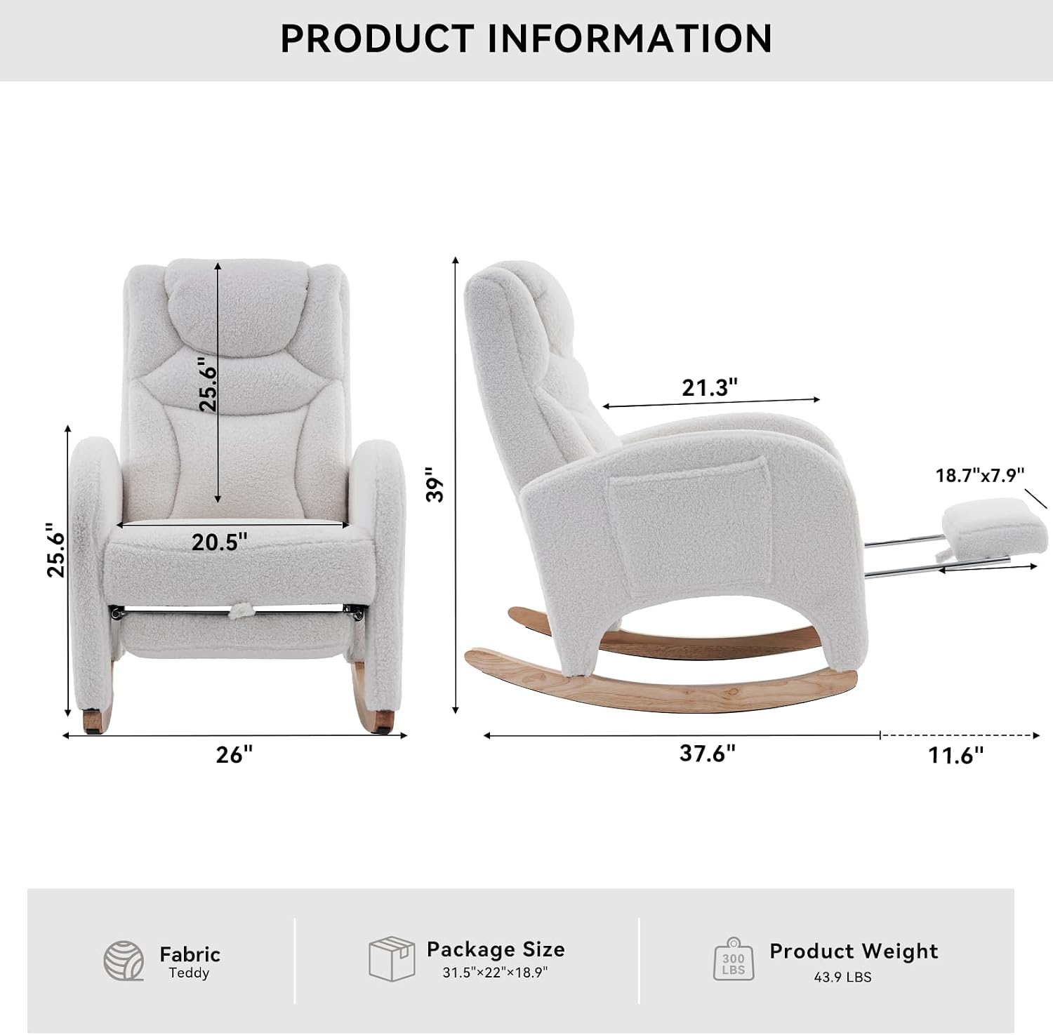 FOXHUNTER Rocking Chair Nursery, Modern Glider Chair with Adjustable Footrest and Solid Wood Legs, High Backrest Nursery Chair with Side Pocket, Rocker Armchair for Living Room Bedroom, Teddy Ivory
