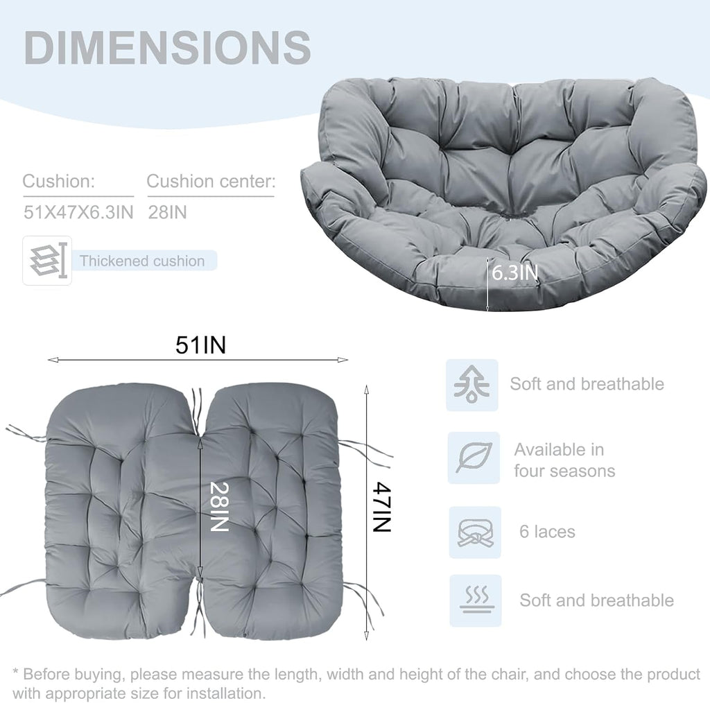 Outdoor Rocking Chair Cushion – Waterproof Wicker Egg Chair Replacement Pad, Thick Papasan Seat Cushion with Ties for Indoor & Outdoor Patio, Porch, Balcony, or Garden (Light Gray)