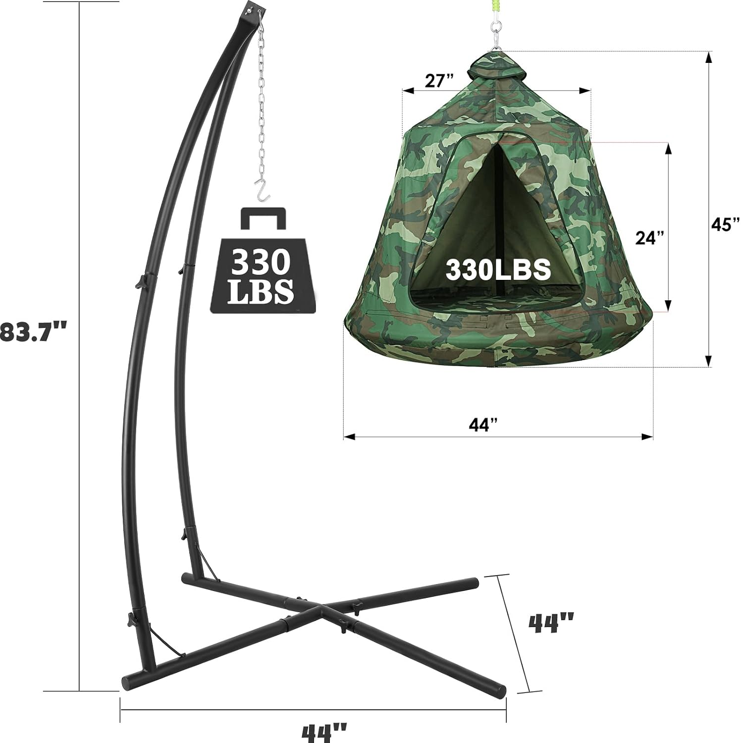 X-Shaped Hanging Tree Tent w/Swing Chair,Hammock Chair Stand Canopy w/Steel Frame,Indoor Outdoor Egg Basket Patio Seat w/Adjustable Solid Stand,Bedroom Porch Balcony Garden 330lb (Camouflage)
