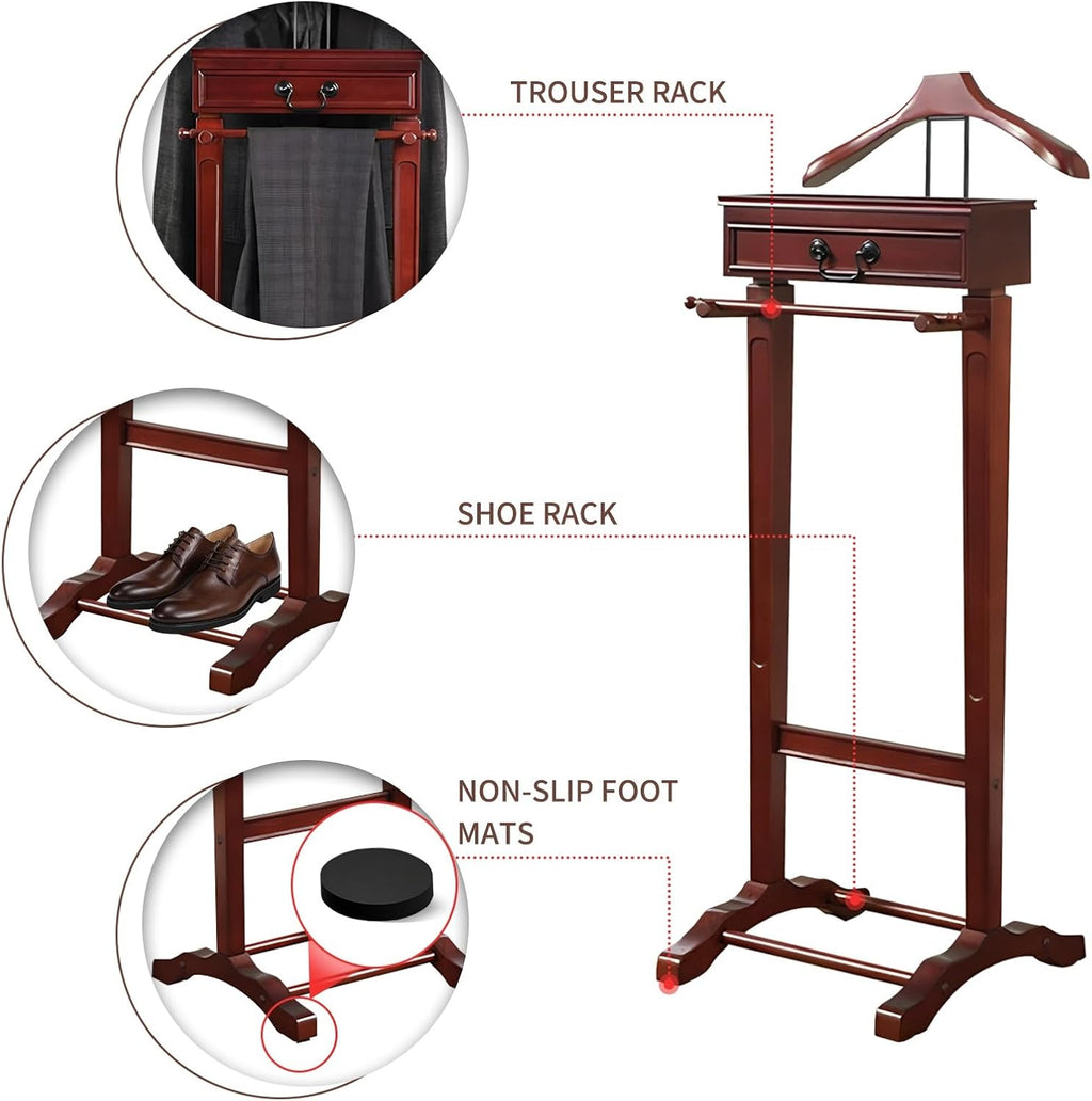 Wooden Valet Stand Clothes with Contour Hanger, Trouser Bar, Shoe Shelf, Suit Rack with Drawer&Tray, Garment Organizer Rack Storage for Keys, Watches, Wallet, Jewelry, Accessory Organizer