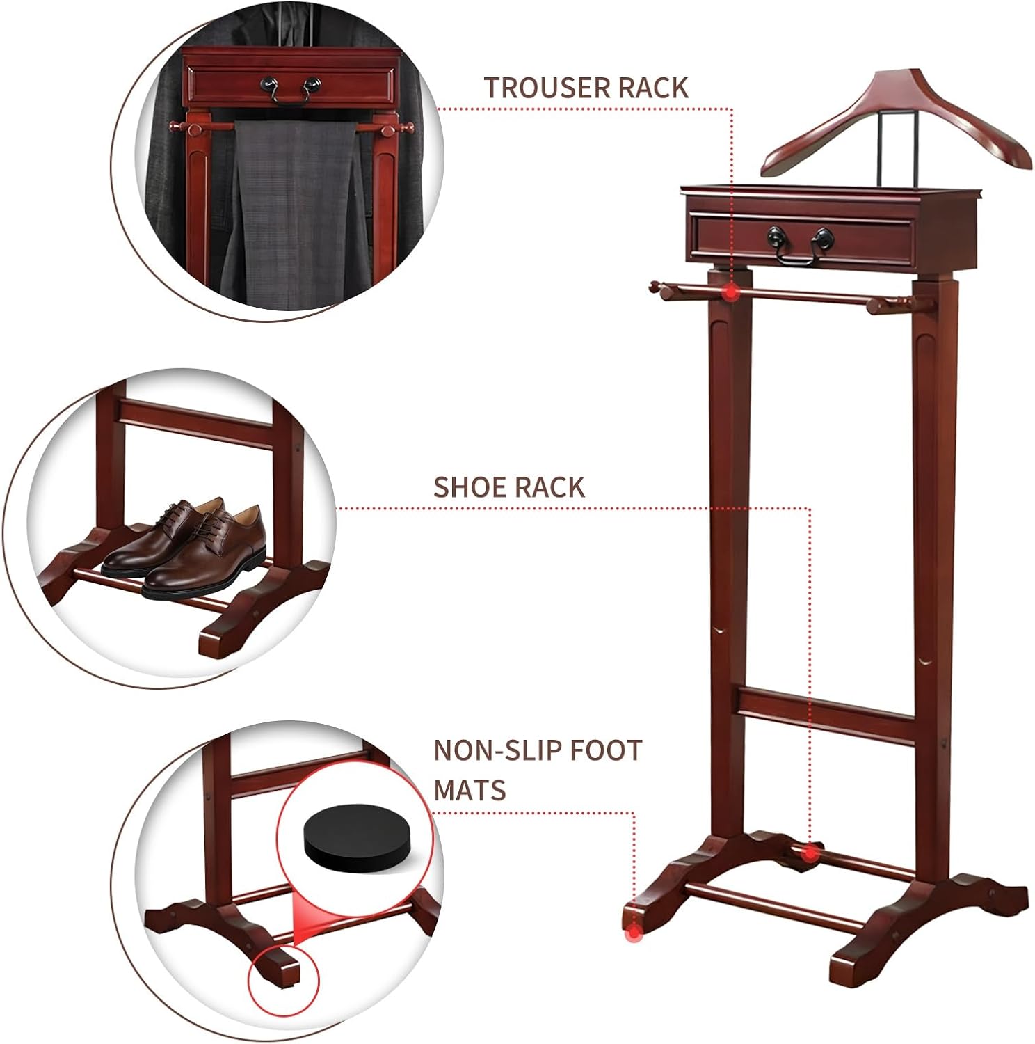 Wooden Valet Stand Clothes with Contour Hanger, Trouser Bar, Shoe Shelf, Suit Rack with Drawer&Tray, Garment Organizer Rack Storage for Keys, Watches, Wallet, Jewelry, Accessory Organizer