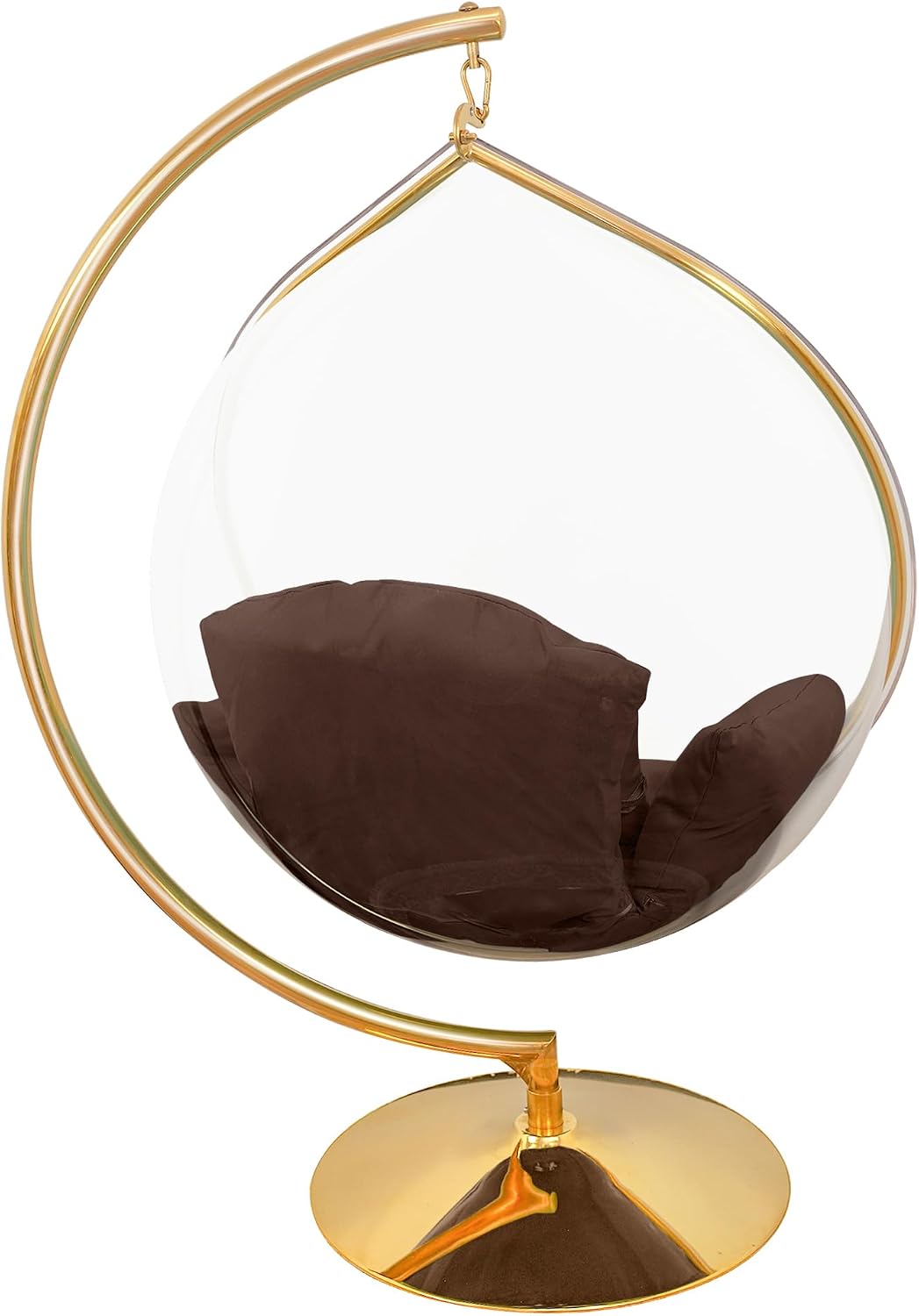 Hanging Chair - Transparent Acrylic Bubble, Waterdrop Shape, Indoor Swing Chair with Gold/Chrome Stand, Durable Fabric Cushion - Luxury Accent for Living Room, Bedroom (Gold/DarkCoffee)