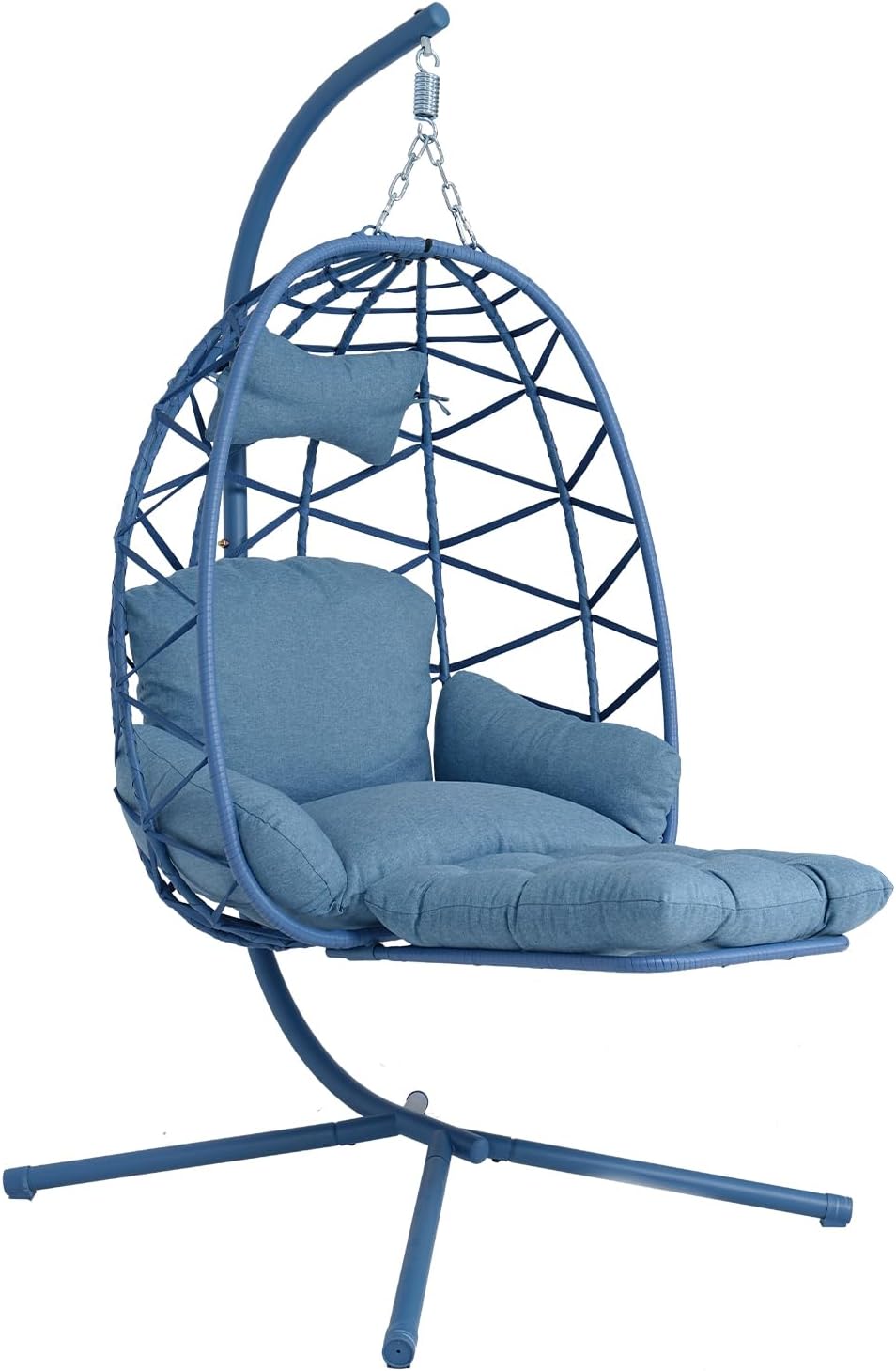 Hanging Egg Chair with Stand & Leg Rest,Rattan Wicker Swing Chair with Cushion,Patio Basket Hanging Chair Wicker Hammock Chair for Indoor Outdoor Bedroom Garden,300LBS (Blue Rattan&Blue Cushion)