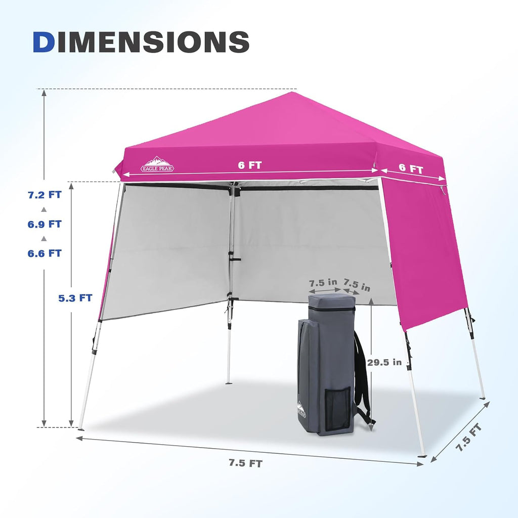 EAGLE PEAK Day Tripper 8x8 Aluminum Super-Lightweight Slant Leg Pop Up Canopy with 3 Removable Walls, Instant Outdoor Backpack Canopy Tent, Outside Beach Folding Sun Shelter, 8x8 Base 6x6 Top, Pink