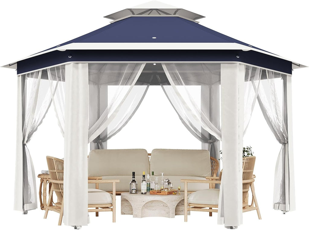 13' x 13' Pop-Up Gazebo Canopy Tent with Zippered Mesh Sidewalls and Carrying Bag, Event Tent Shelter for Patio Garden Backyard, Blue and Beige