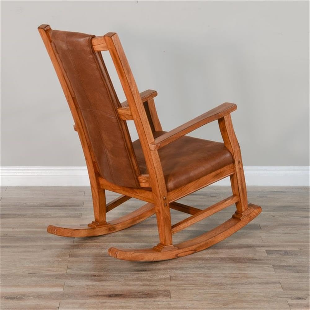 Pemberly Row Mahogany Rocking Chair with Cushioned Seat and Back, Studded Accents, Smooth Rocking Motion, Rustic Oak