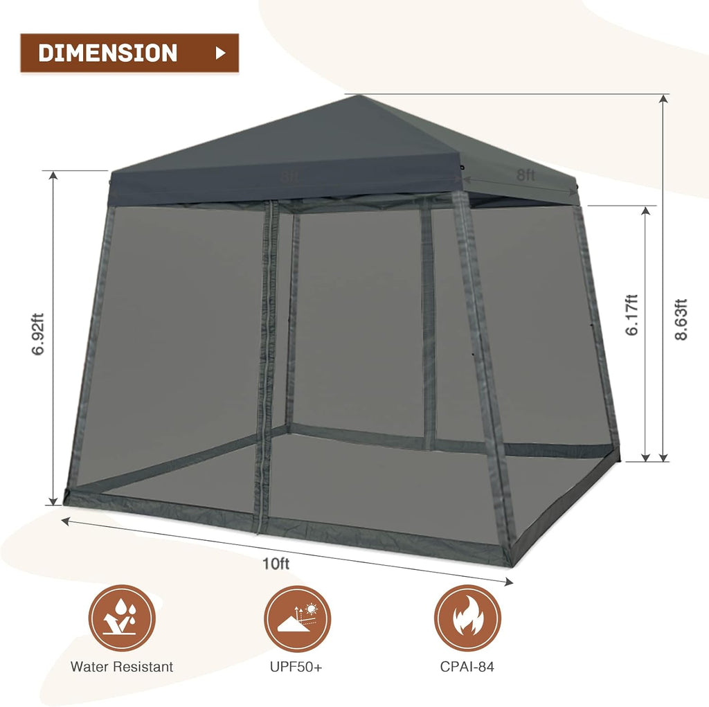 10x10 Pop Up Canopy Tent, Slant Leg Instant Screened Gazebo with Mesh Walls, UV Protection, Water Resistant, Gray