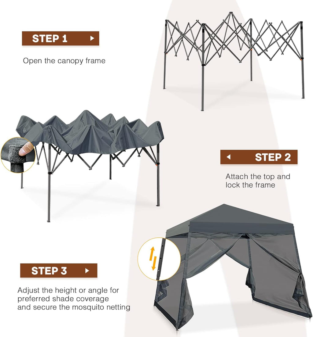 10x10 Pop Up Canopy Tent, Slant Leg Instant Screened Gazebo with Mesh Walls, UV Protection, Water Resistant, Gray
