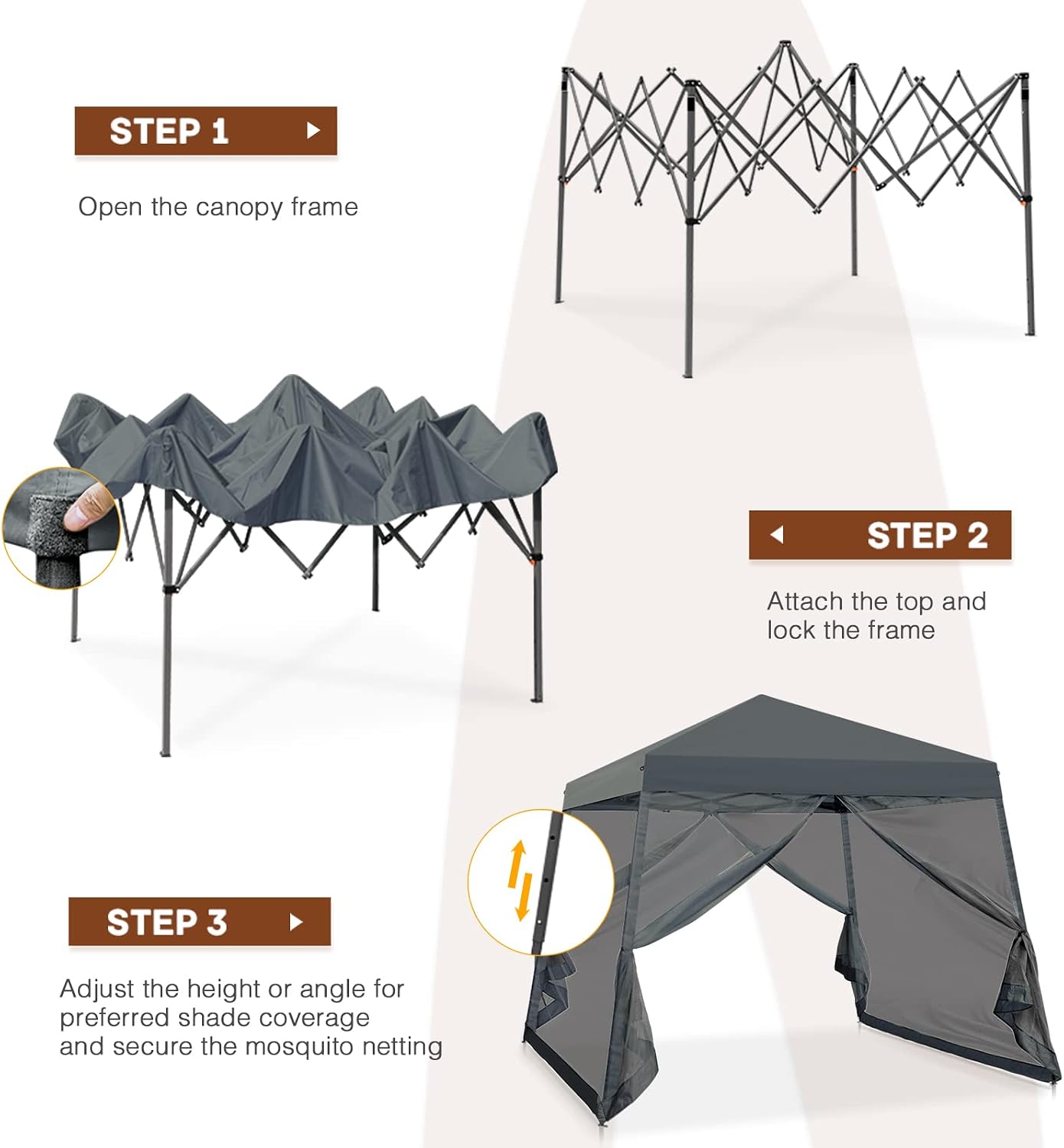 10x10 Pop Up Canopy Tent, Slant Leg Instant Screened Gazebo with Mesh Walls, UV Protection, Water Resistant, Gray