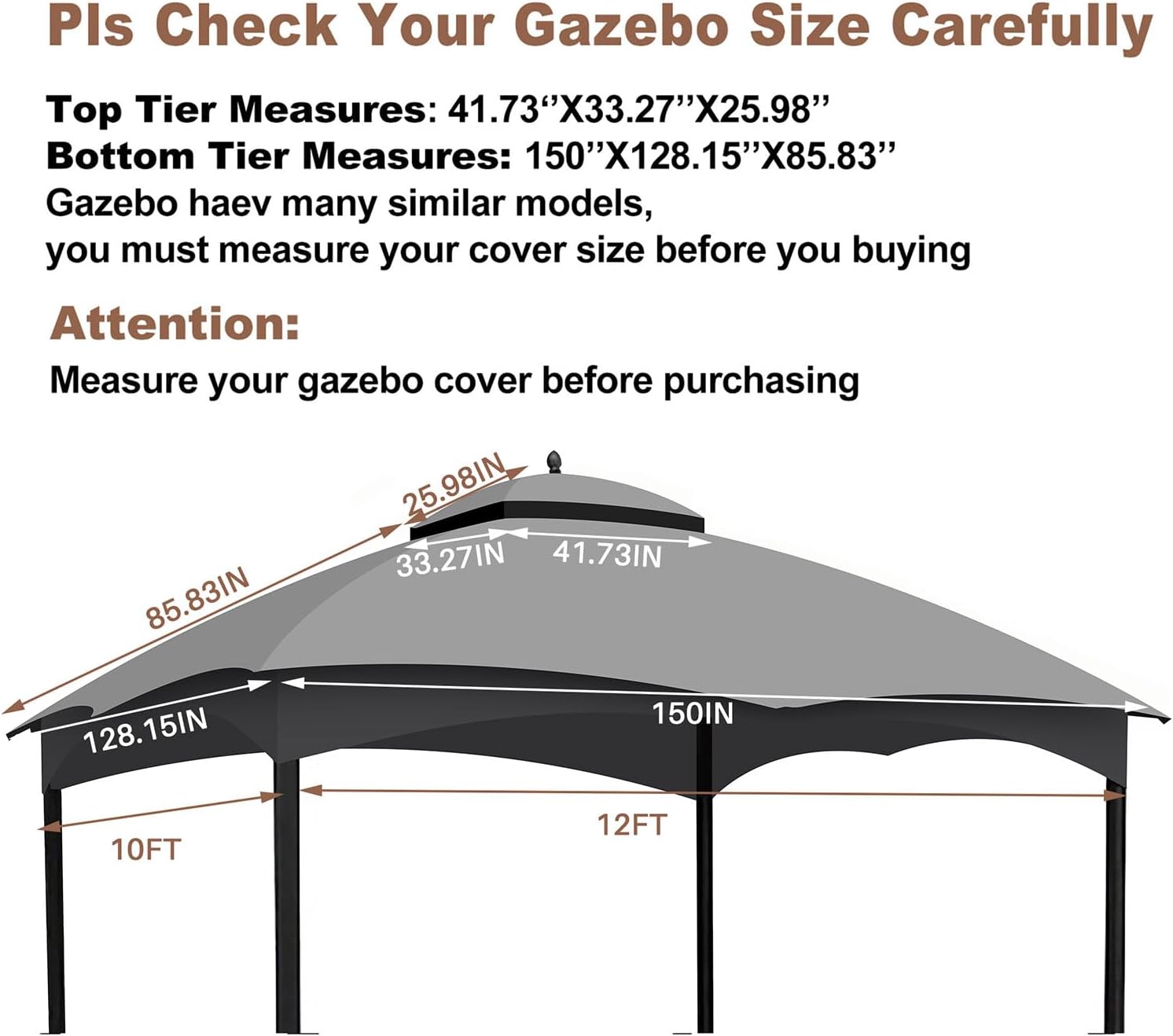 Replacement Canopy Top for Lowe's Allen Roth High Performance Ripstop Heavy Duty Gazebo Roof Gazebo Top with Air Vent 10X12 Gazebo Cover,Gray