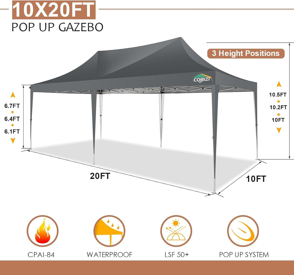 COBIZI 10x20 Pop Up Canopy with 6 Sidewalls,10x20 Canopy Tent Frame Upgraded with 3 Adjustable Heights,Waterproof UV50+ Outdoor Party Commercial Ez Up Gazebos with Carry Bag(10 x 20 ft Gray)