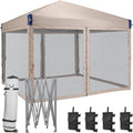 Aoodor 12x12 Ft Pop Up Canopy Tent with Netting, Water-Resistant 210D Oxford Fabric Shade, Easy Assembly Commercial Gazebo with Wheeled Carry Bag & 4 Sand Bags for Camping, Party, Khaki