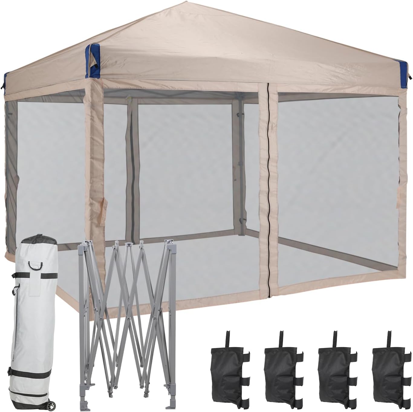 Aoodor 12x12 Ft Pop Up Canopy Tent with Netting, Water-Resistant 210D Oxford Fabric Shade, Easy Assembly Commercial Gazebo with Wheeled Carry Bag & 4 Sand Bags for Camping, Party, Khaki