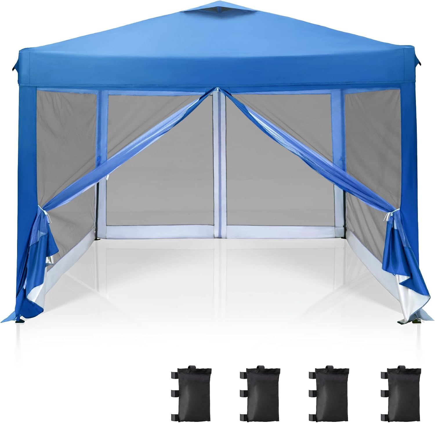 PHI VILLA 10' x 10' Pop Up Canopy Tent with Netting, Instant Gazebo, Ez up Screen Party Tent House Room with Carry Bag, Height Adjustable, for Outdoor, Garden, Blue