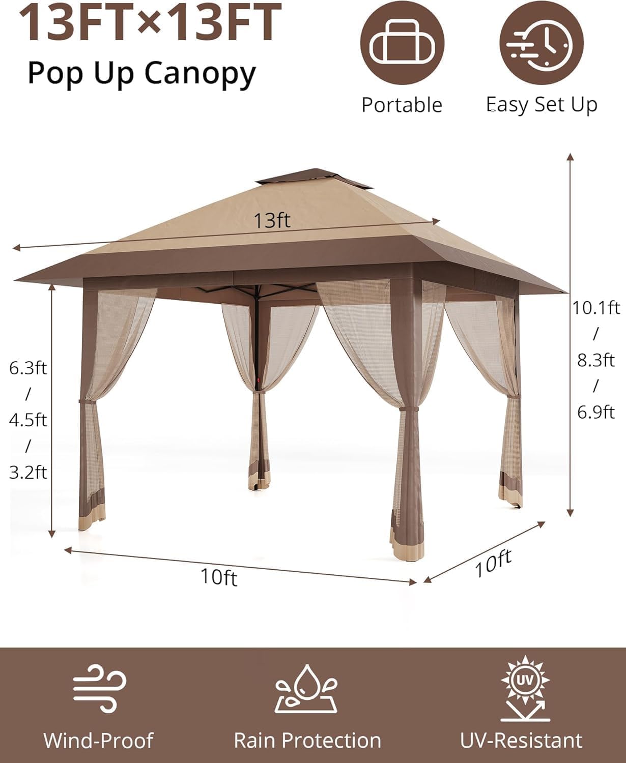 13x13 Pop Up Gazebo, Outdoor Canopy Tent with Mosquito Net, Height Adjustable Canopy Gazebo, Large Shade Tent for Camping, Lawn, Backyard, Garden, Patio