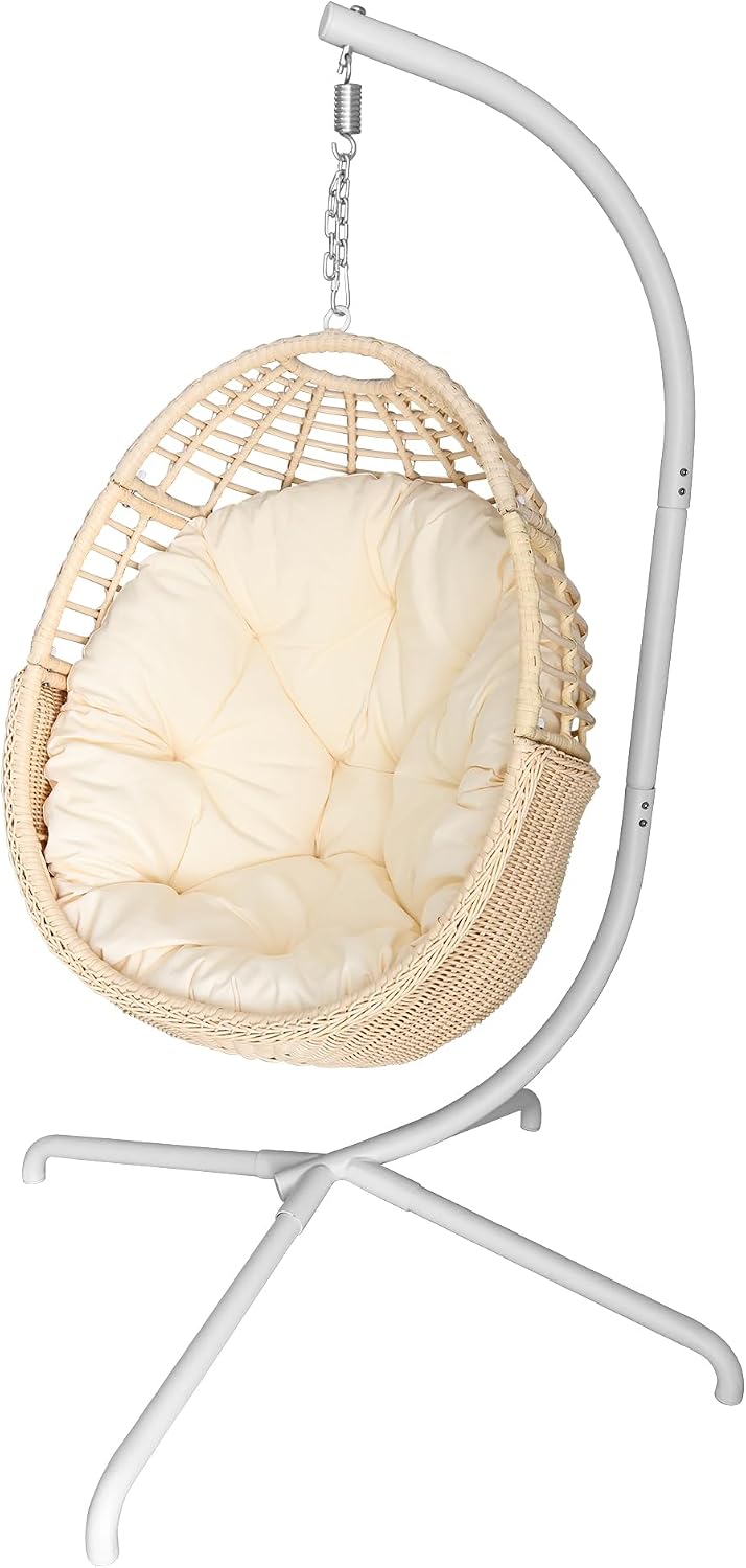 TWT Egg Swing Chair with Stand Beige Outdoor - Rattan Wicker Patio Hanging Basket Hammock Chair with Metal Frame and UV Resistant Cushion for Indoor Bedroom Balcony (Claws Base)