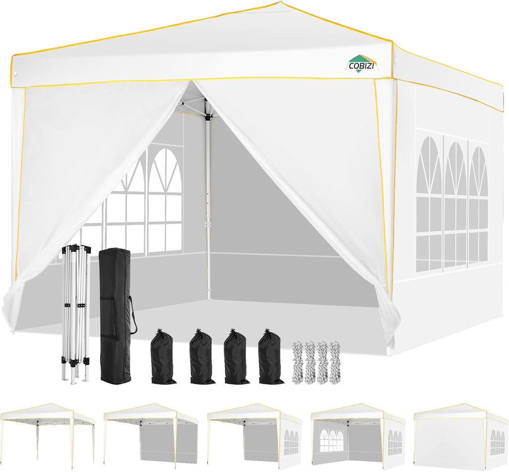 COBIZI 10x10 Pop up Canopy, Canopy Tent 10x10 Gazebos, Ez up for Parties Beach Camping Party Event Shelter Sun Shade with 4 Sidewalls & Carry Bag 4 Stakes & Ropes & Sandbags, White