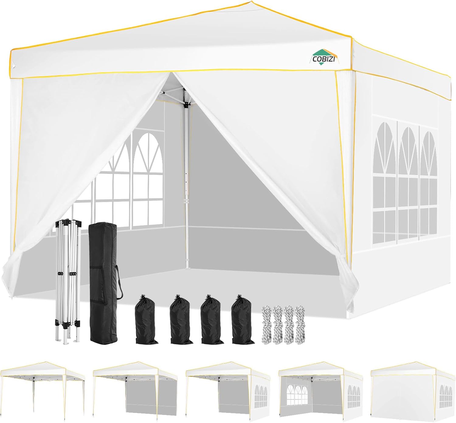 COBIZI 10x10 Pop up Canopy, Canopy Tent 10x10 Gazebos, Ez up for Parties Beach Camping Party Event Shelter Sun Shade with 4 Sidewalls & Carry Bag 4 Stakes & Ropes & Sandbags, White
