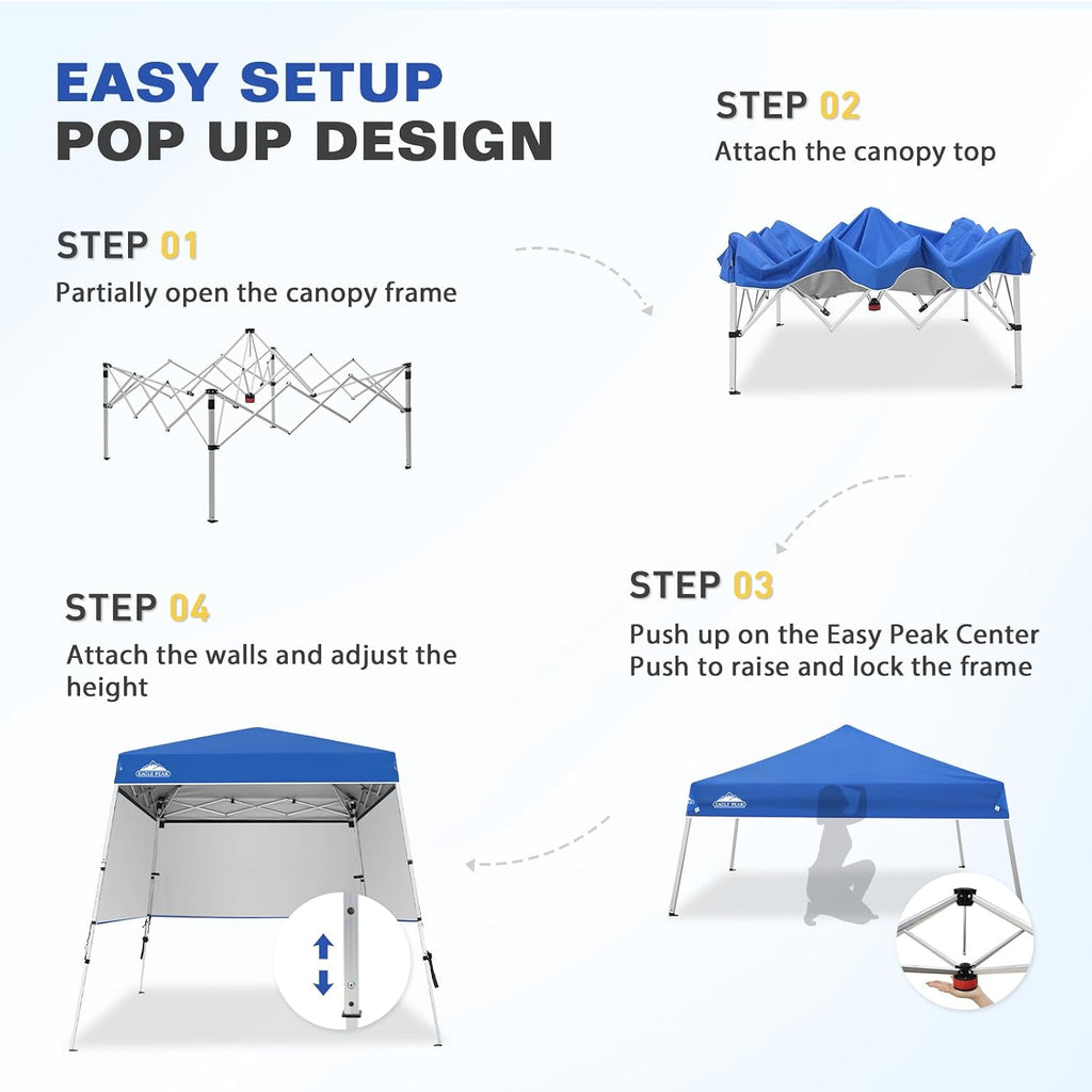 EAGLE PEAK Day Tripper 8x8 Aluminum Super-Lightweight Slant Leg Pop Up Canopy with 3 Removable Walls, Instant Outdoor Backpack Canopy Tent, Outside Beach Folding Sun Shelter, 8x8 Base 6x6 Top, Blue