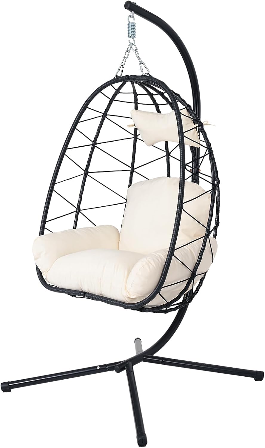 Egg Chair with Stand, Wicker Hanging Chair for Outdoor Patio, Cushioned Hammock Swing for Bedroom Garden Indoor/Outdoor, Double-Zipper Structure Hanging Egg Chair (Black and White)