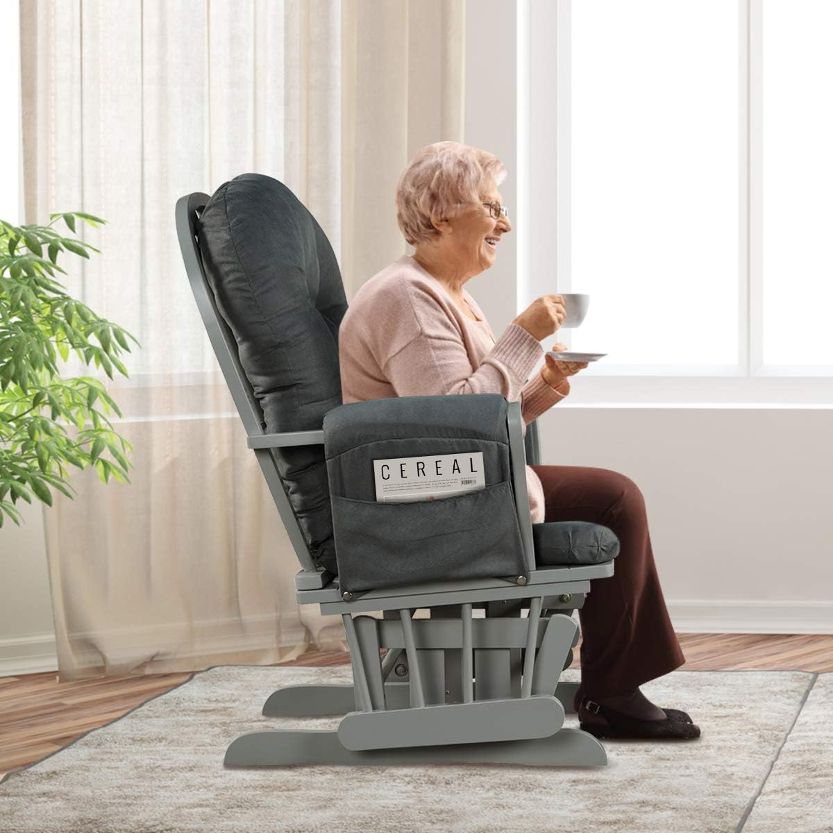 Costzon Nursery Glider with Ottoman, Upholstered Comfort Glider Rocker with Padded Cushion, Storage Pocket, Solid Wood Base, Rocking Chair Nursery for Breastfeeding, Napping (Dark Gray)
