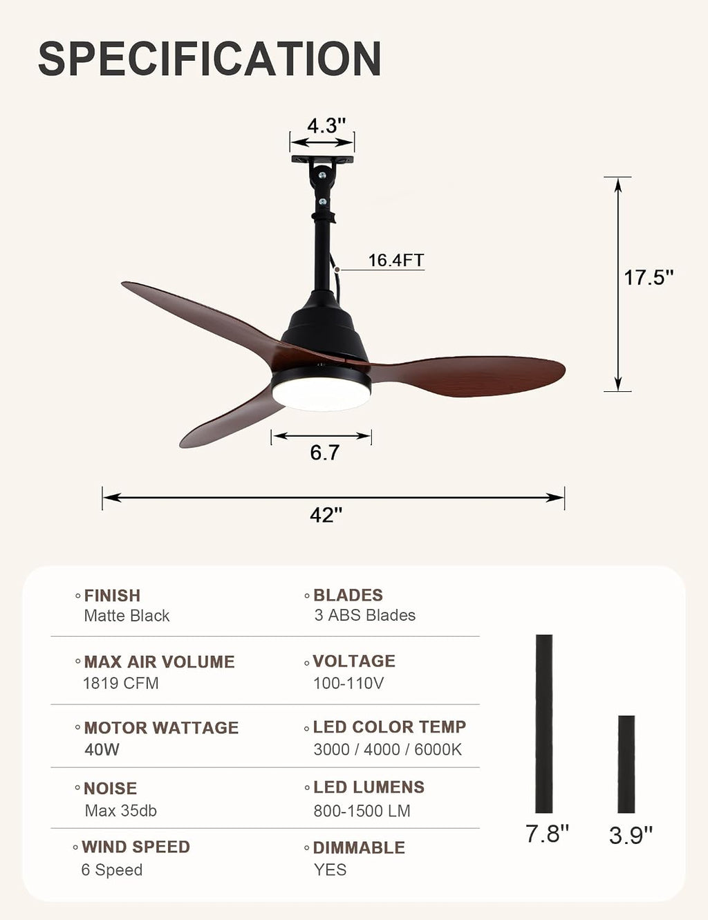 42 Inch Waterproof Outdoor Ceiling Fans with Lights Gazebo Fan for Outside DC Motor 6-Speed Reversible Timer 3 Color Dimmable LED Light Plug-in Ceiling Fan Outdoor Hanging for Patios Porch (34-Walnut)