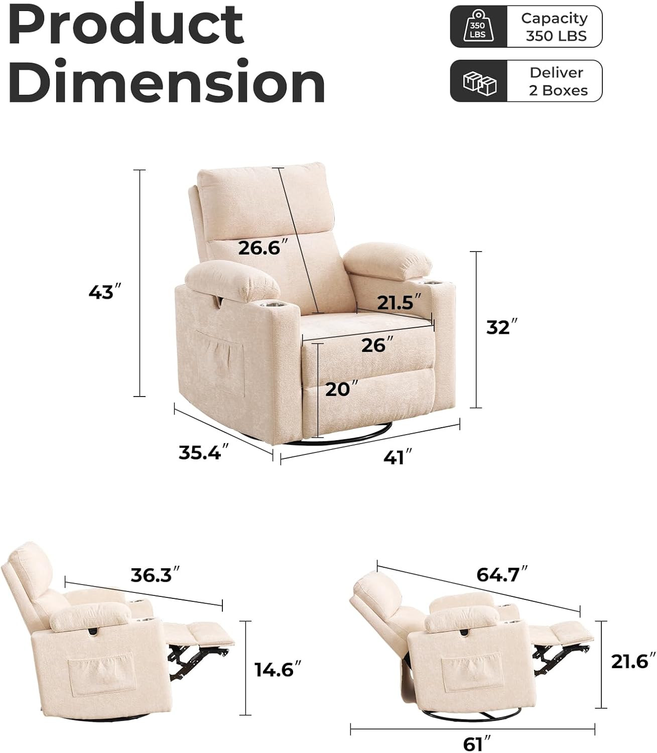 Rocking Chair Nursery with Adjustable Armrests, Electric Glider Recliner Nursing Chair for Breastfeeding, Power Swivel Recliner Chairs with Massage and Heat, Adjustable Headrest , FSC Certified, Beige