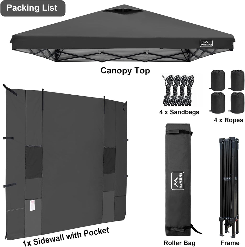 KAMPKEEPER 10x10 Easy Pop Up Canopy Tent with Sidewalls, Instant Outdoor Shade Shelter with Removable 10FT Sun Walls, Quick Setup Waterproof and UV-Resistant for Patio (Black, 10x10FT with 1 sidewall)