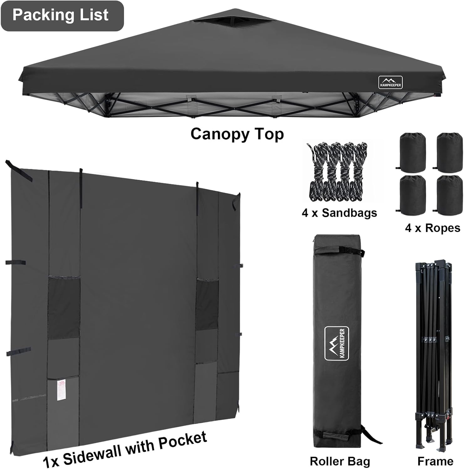 KAMPKEEPER 10x10 Easy Pop Up Canopy Tent with Sidewalls, Instant Outdoor Shade Shelter with Removable 10FT Sun Walls, Quick Setup Waterproof and UV-Resistant for Patio (Black, 10x10FT with 1 sidewall)