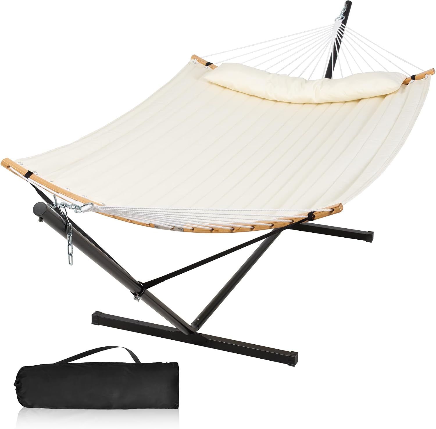 Outdoor Hammock with Stand Included, Two Person Hammock with Curved Spreader Bar, Pillow and Portable Bag, 450 Lbs Capacity, Beige