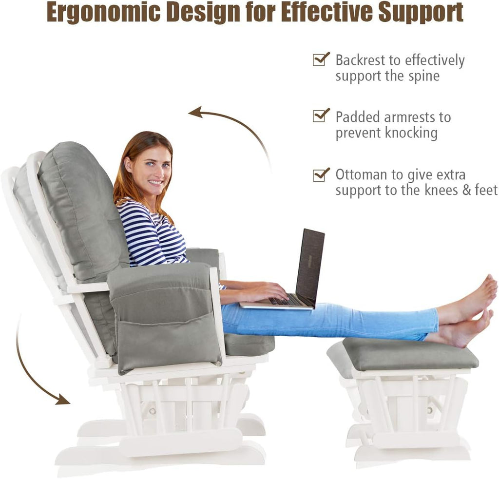 Costzon Nursery Glider with Ottoman, Upholstered Comfort Glider Rocker with Padded Cushion, Storage Pocket, Solid Wood Base, Rocking Chair Nursery for Breastfeeding, Napping (Light Gray)