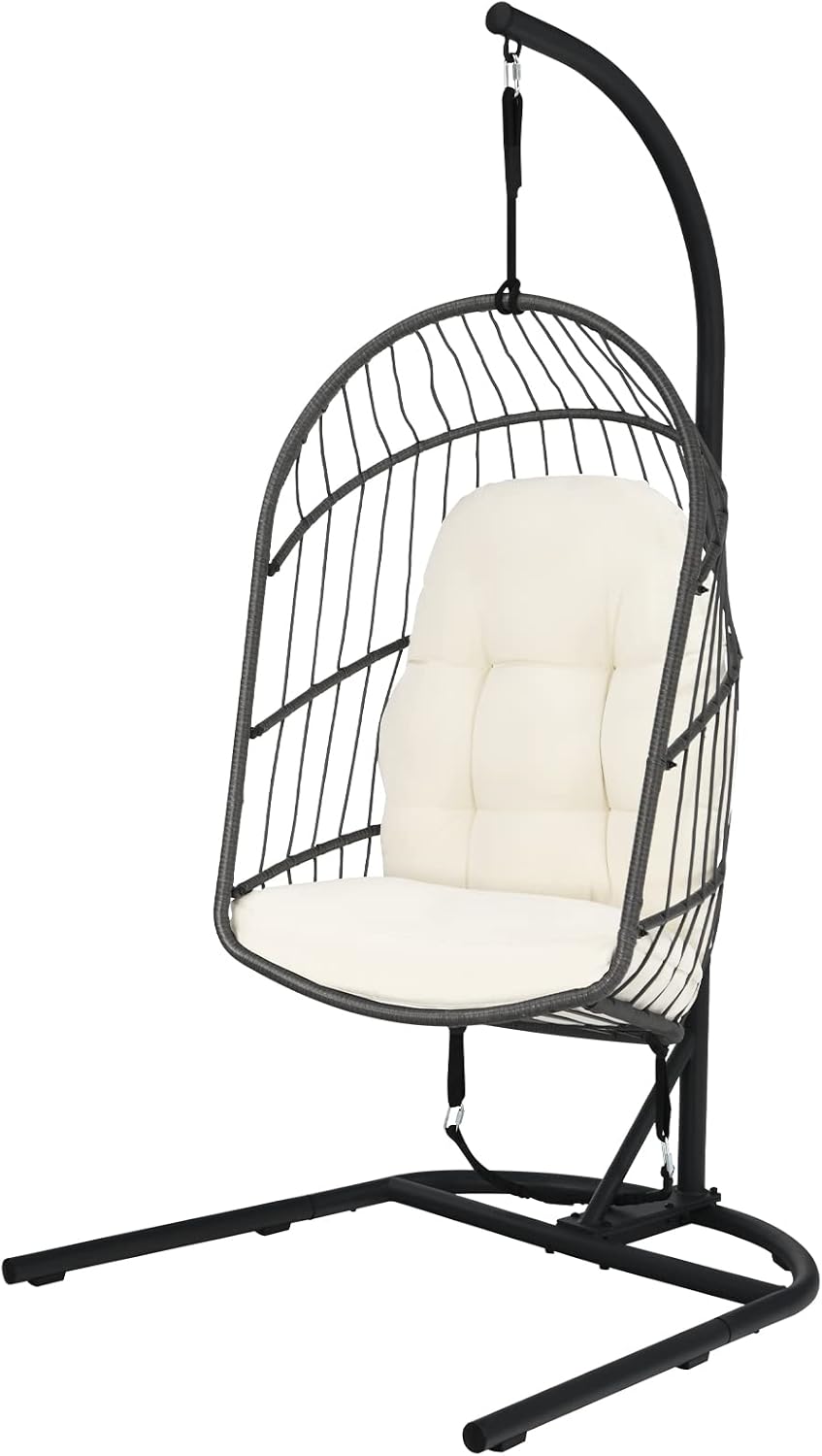 Giantex Hanging Egg Chair with Stand, Outdoor Indoor Foldable Swing Chair with Cushions, Rattan Hanging Basket Chairs with C Hammock Stand, Hanging Hammock Chair for Bedroom Balcony Patio (Beige)