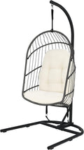 Giantex Hanging Egg Chair with Stand, Outdoor Indoor Foldable Swing Chair with Cushions, Rattan Hanging Basket Chairs with C Hammock Stand, Hanging Hammock Chair for Bedroom Balcony Patio (Beige)