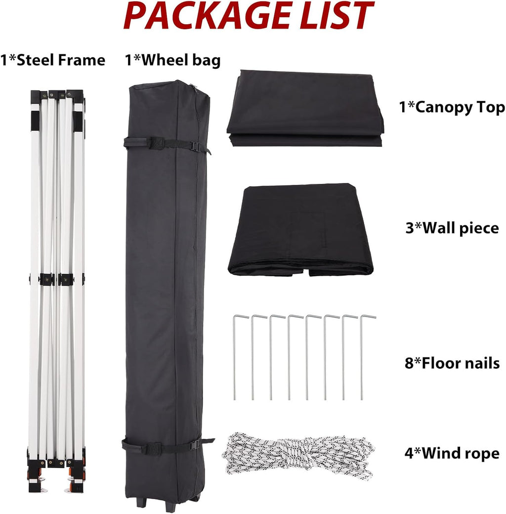 Pop-up Waterproof Windproof and UV-Proof Gazebo Instant Portable Canopy Tent 10'x10' with 3 Side Walls, 1 Wheeled Bag, 8 Ground pegs for stall/Outdoor/Party Events (10FTx10FT, Black)