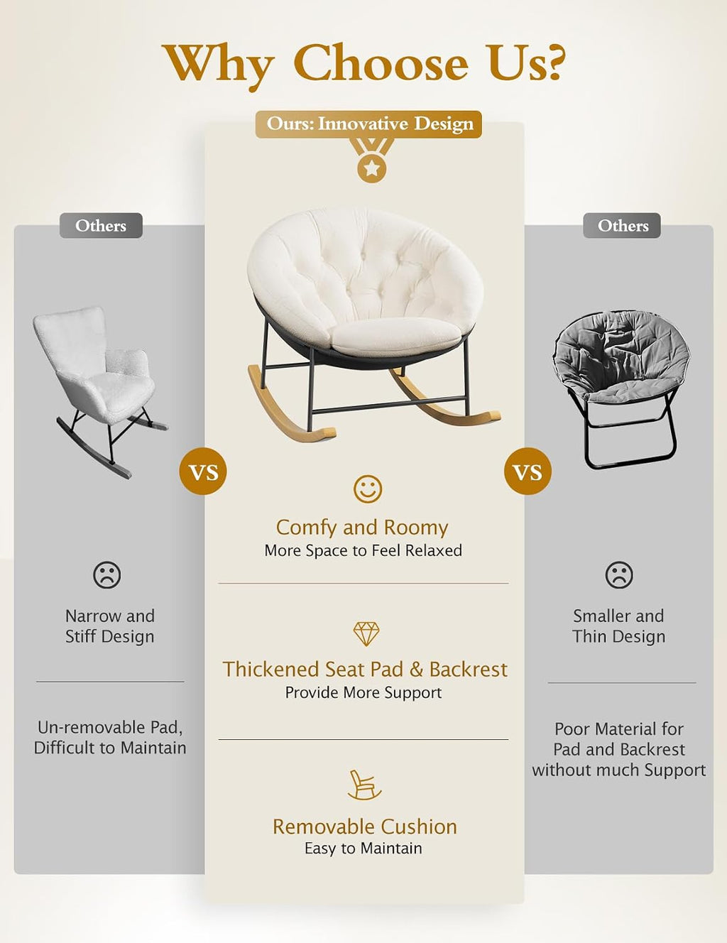 Kidirect Wide Rocking Chair Nursery, Comfy Saucer Nursery Rocking Chairs with Removable Cushion, Indoor Papasan Nursing Chair for Breastfeeding, Mecedora Para Adultos for Living Room & Bedroom (Cream)