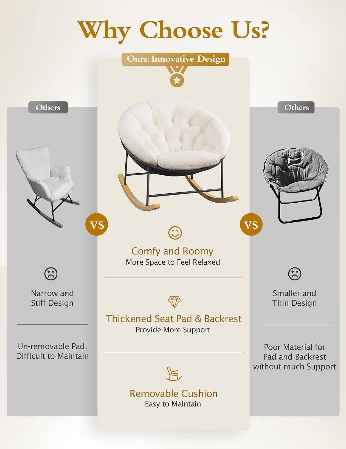 Kidirect Wide Rocking Chair Nursery, Comfy Saucer Nursery Rocking Chairs with Removable Cushion, Indoor Papasan Nursing Chair for Breastfeeding, Mecedora Para Adultos for Living Room & Bedroom (Cream)