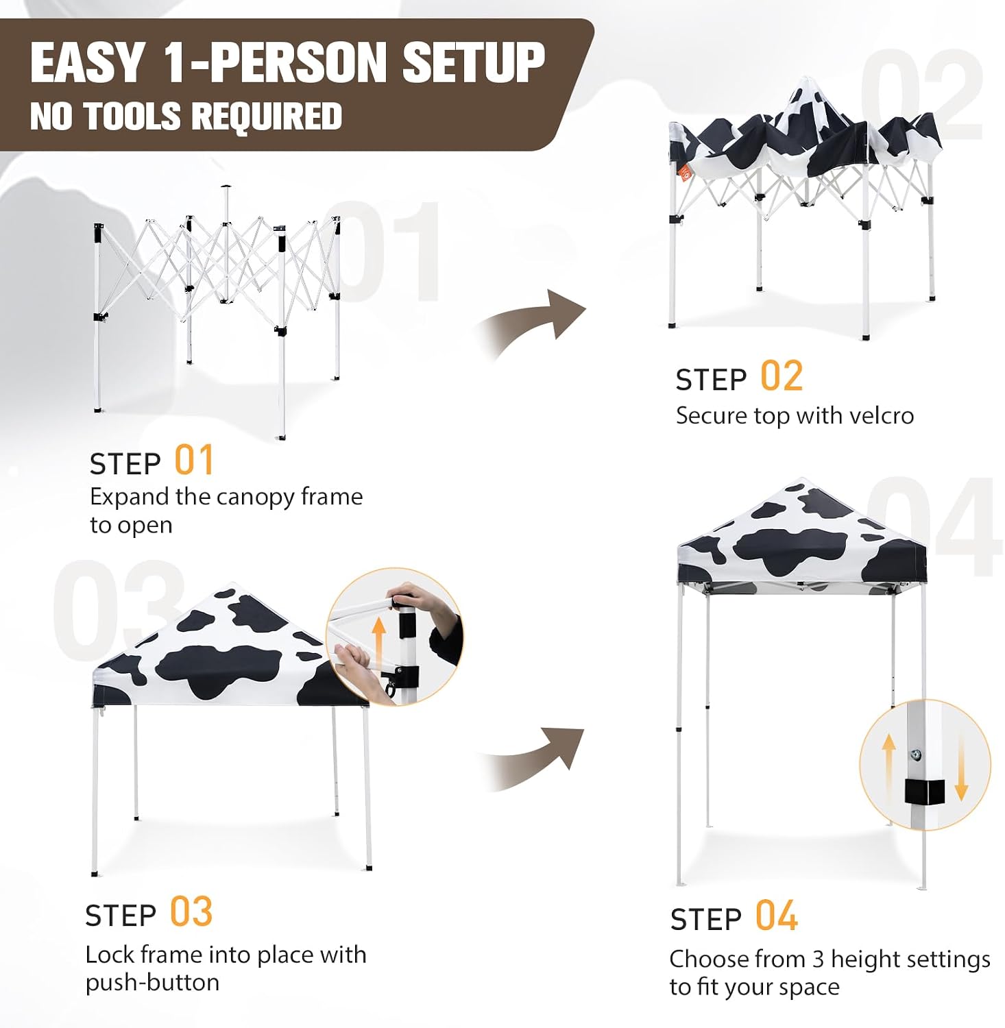 EAGLE PEAK 5x5 Pop Up Canopy Tent Instant Outdoor Canopy Easy Set-up Straight Leg Folding Shelter, Cow Print