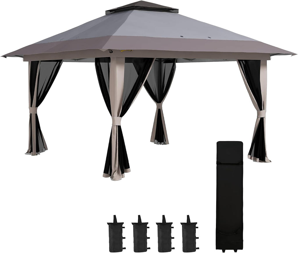 Outsunny 13' x 13' Pop Up Gazebo with Netting, UPF 50+ Instant Canopy Tent Shelter with Water/Sand Bags, Wheeled Carry Bag, for Outdoor, Garden, Parties, Light Gray