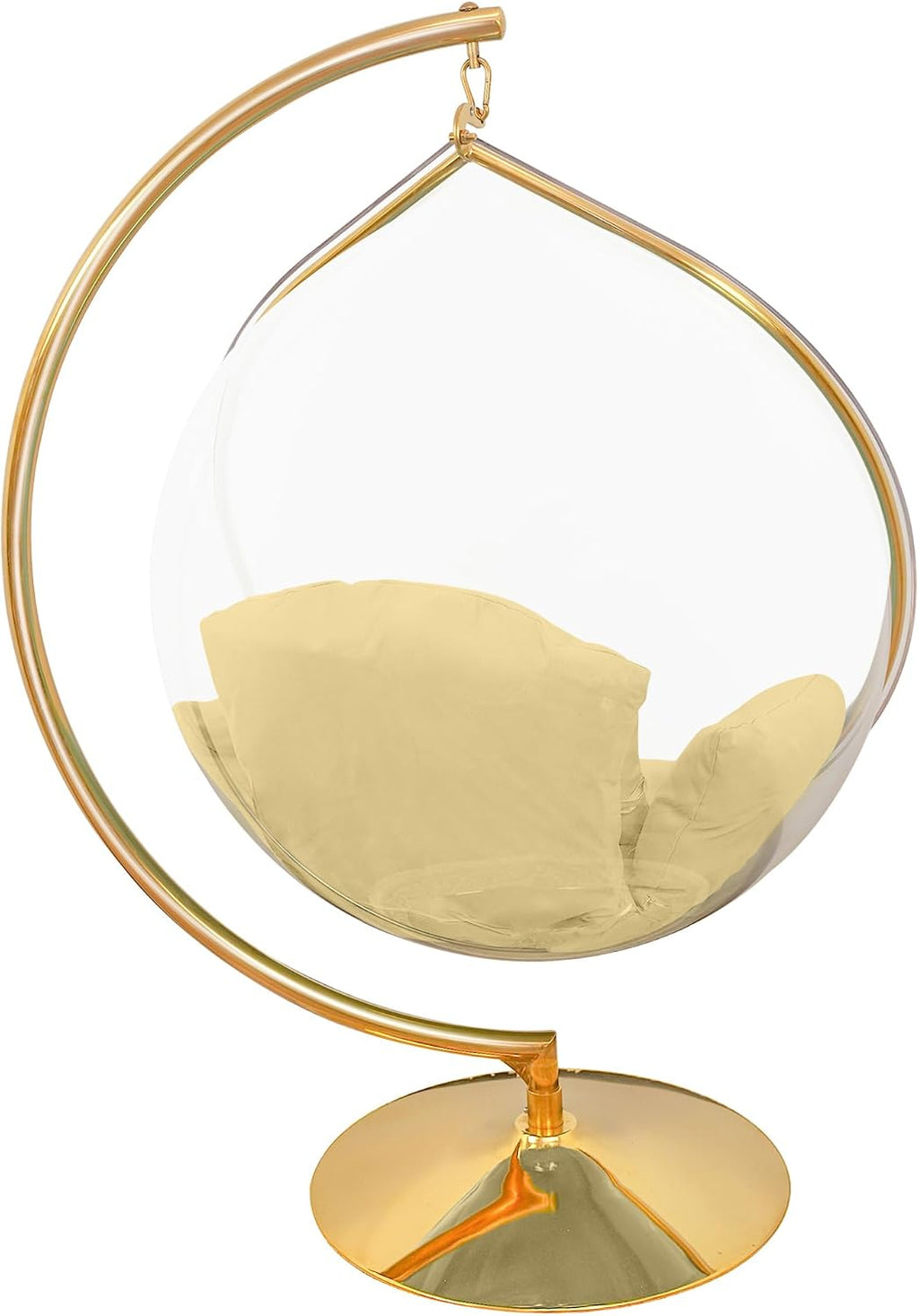 Hanging Chair - Transparent Acrylic Bubble, Waterdrop Shape, Indoor Swing Chair with Gold/Chrome Stand, Durable Fabric Cushion - Luxury Accent for Living Room, Bedroom (Gold/Beige)
