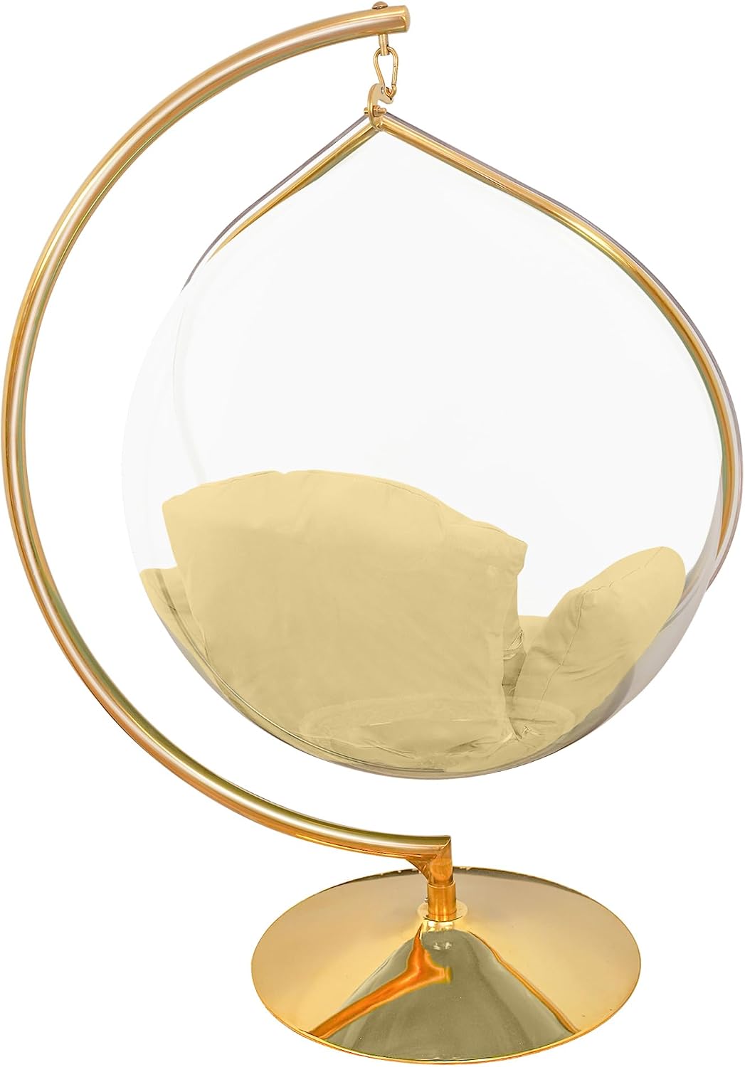Hanging Chair - Transparent Acrylic Bubble, Waterdrop Shape, Indoor Swing Chair with Gold/Chrome Stand, Durable Fabric Cushion - Luxury Accent for Living Room, Bedroom (Gold/Beige)