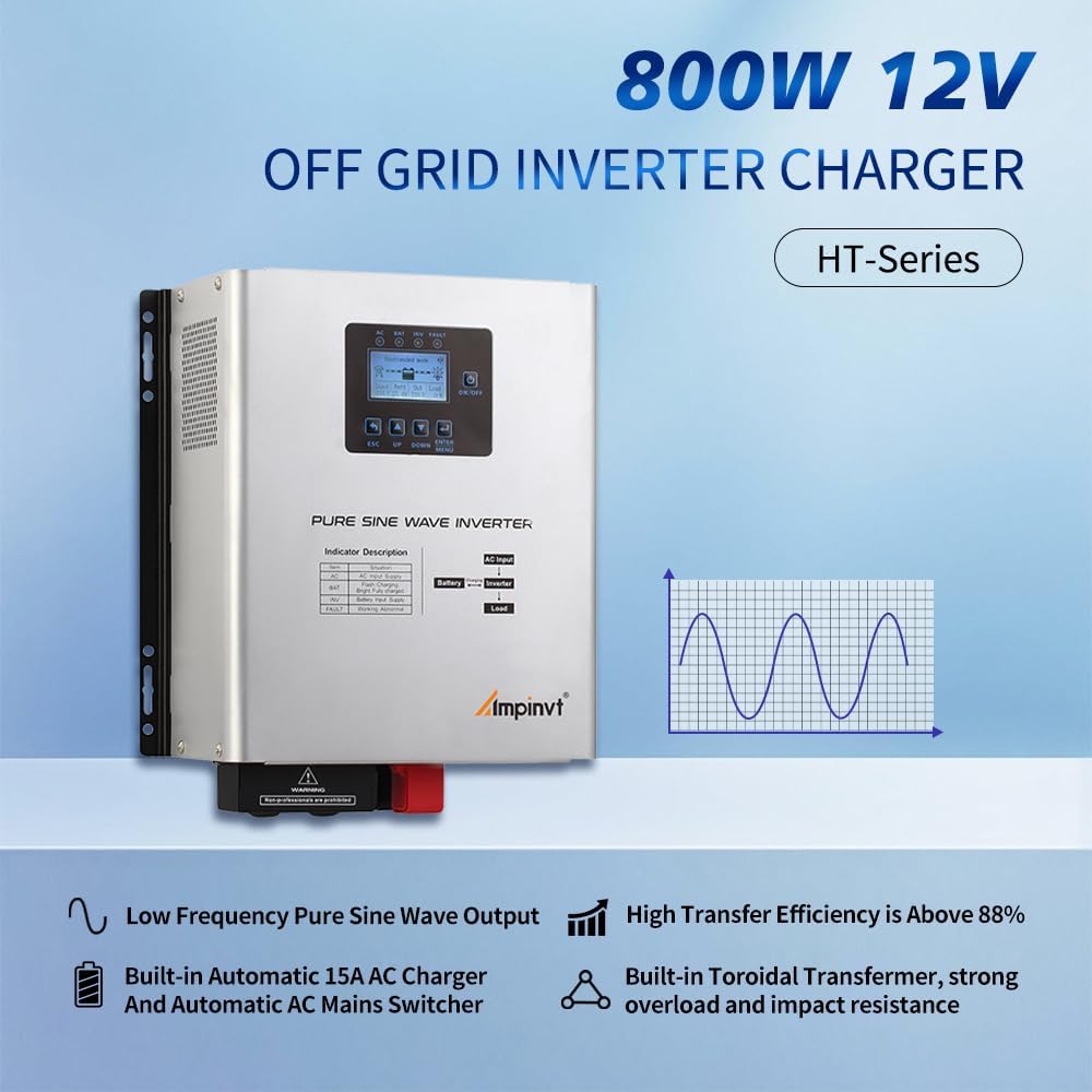 Ampinvt 800W Pure Sine Wave Inverter with AC Charger, DC 12V to AC 120V Output,UPS Backup Power Low Frequency Inverter for Lithium, Sealed,AGM, Gel,and Flooded Batteries