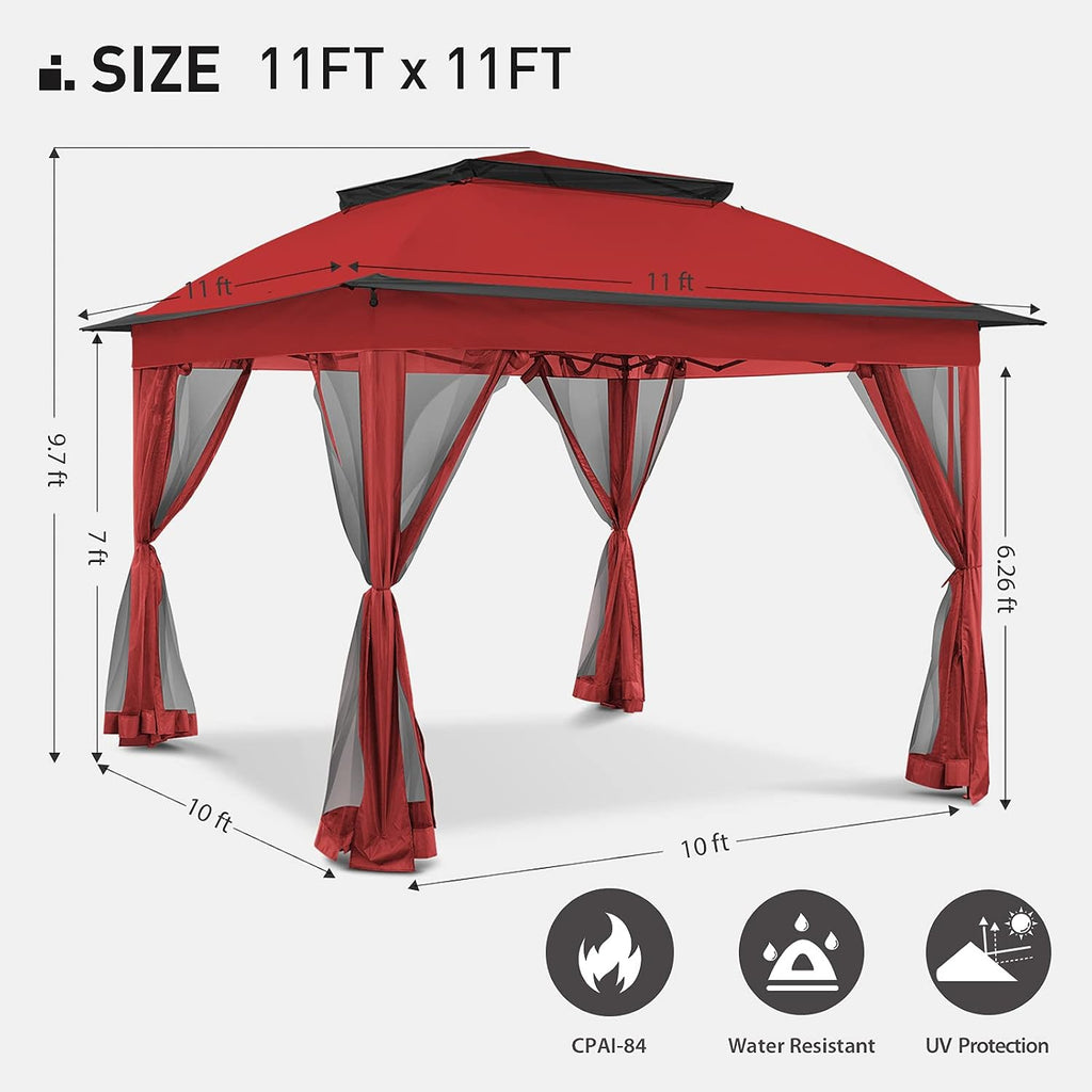 11'x11' Pop Up Gazebo for Patios Canopy Tent with Sidewalls Outdoor Gazebo with Mosquito Netting Pop Up Canopy Shelter Wedding, Red